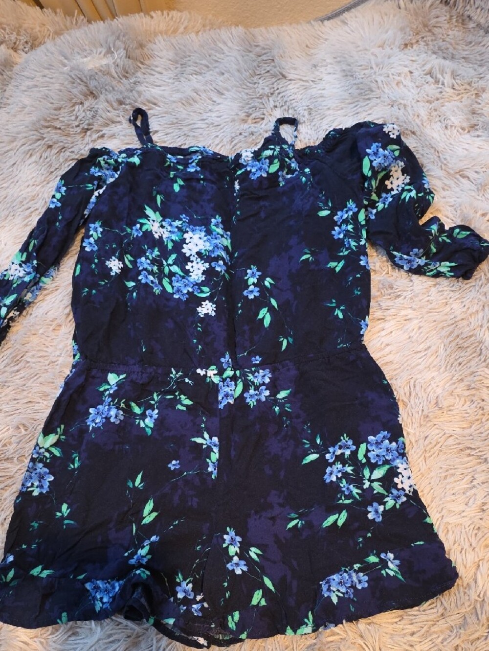 The Children's Place Navy Floral Off-Shoulder Romper with Blue & Green Flowers - Picture 2 of 5